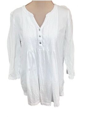 Coldwater Creek White Pintuck Henley Tunic Size Medium Peasant Cottagecore Boho